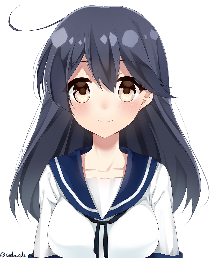 1girl, ahoge, black_hair, blush, breasts, brown_eyes, collarbone, kantai_collection