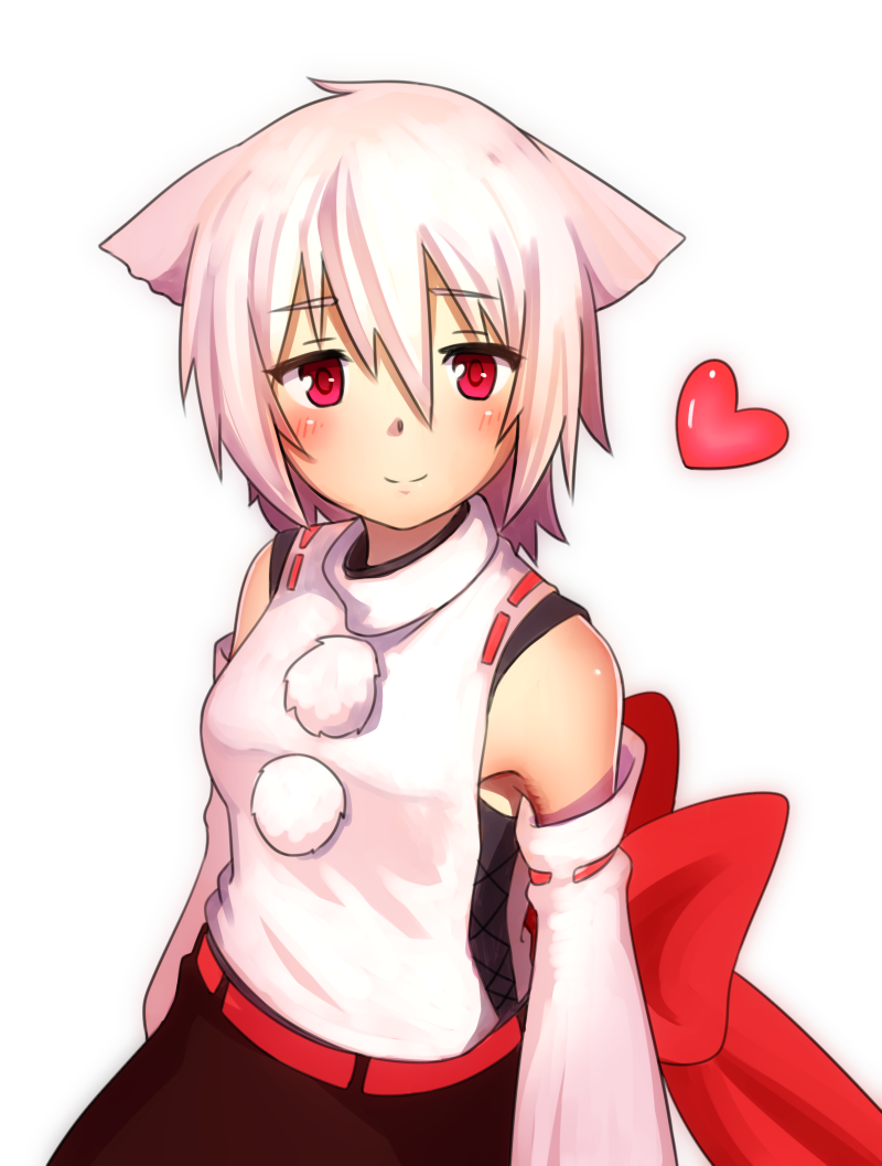 1girl, animal_ears, blush, breasts, detached_sleeves, dominico, heart, inubashiri_momiji, looking_at_viewer, pom_pom_(clothes), red_eyes, ribbon, ribbon-trimmed_sleeves, ribbon_trim, short_hair, silver_hair, simple_background, smile, solo, touhou, white_background, wolf_ears