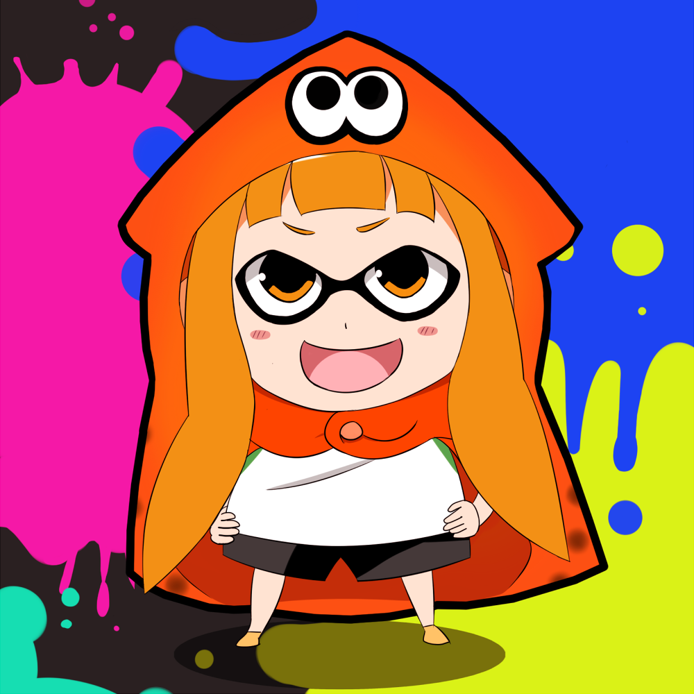>:d, 1girl, :d, blush_stickers, doma_umaru, doma_umaru_(cosplay), himouto!_umaru-chan, inkling
