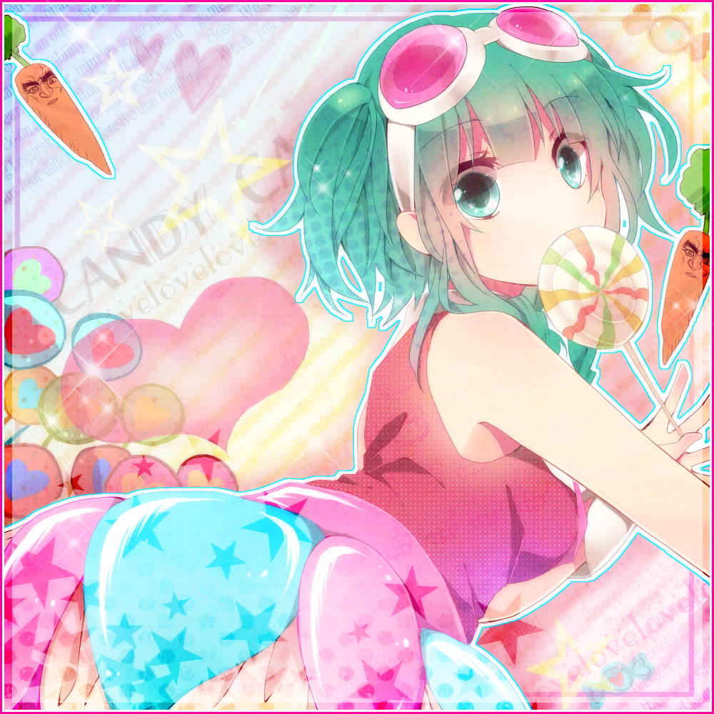 1girl, aqua_eyes, aqua_hair, candy, candy_candy_(song), carrot, dress, gumi, hina_(milk_ti_leaf), lollipop, looking_at_viewer, pink_border, sleeveless, sleeveless_dress, solo, song_name, sweets, text, vocaloid