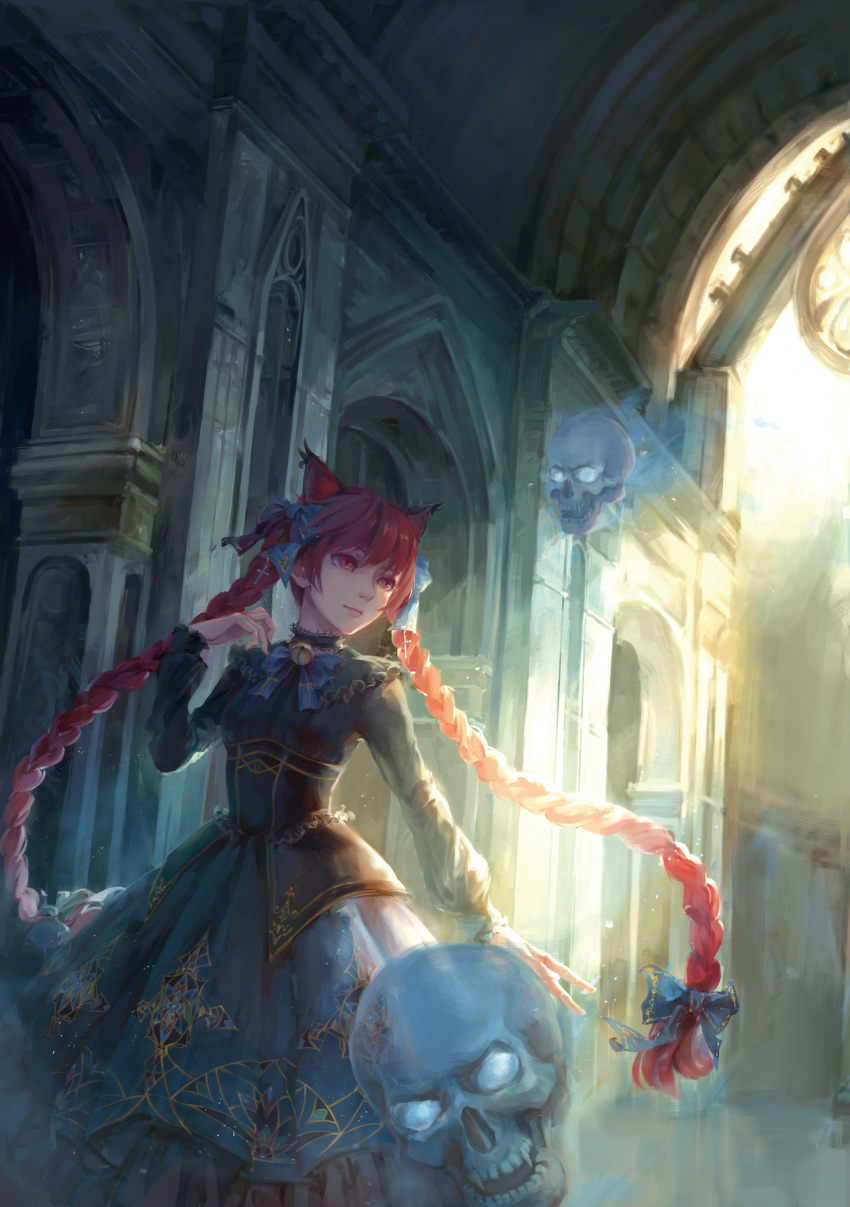 1girl, absurdres, adapted_costume, animal_ears, architecture, backlighting, bell, bow