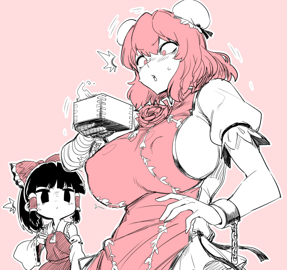2girls, ascot, black_eyes, black_hair, blush, box, breast_expansion, breasts