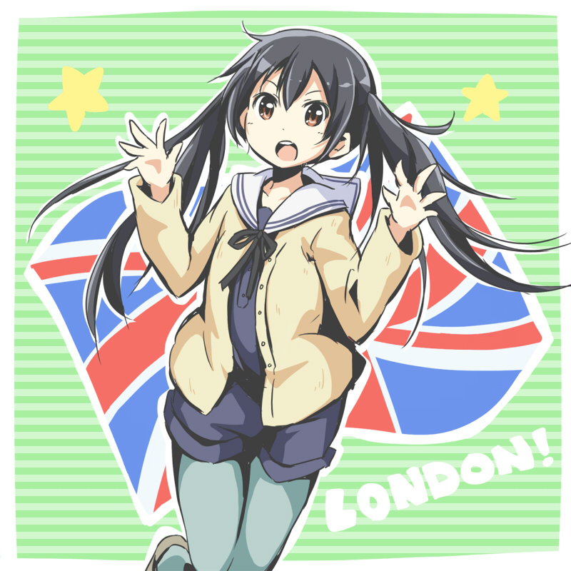 1girl, black_hair, brown_eyes, cardigan, flag, k-on!, k-on!_movie, long_hair