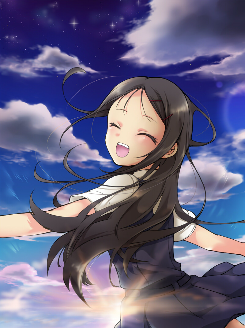 1girl, black_hair, charlotte_(anime), closed_eyes, clouds, inukai_(g_a), long_hair, open_mouth