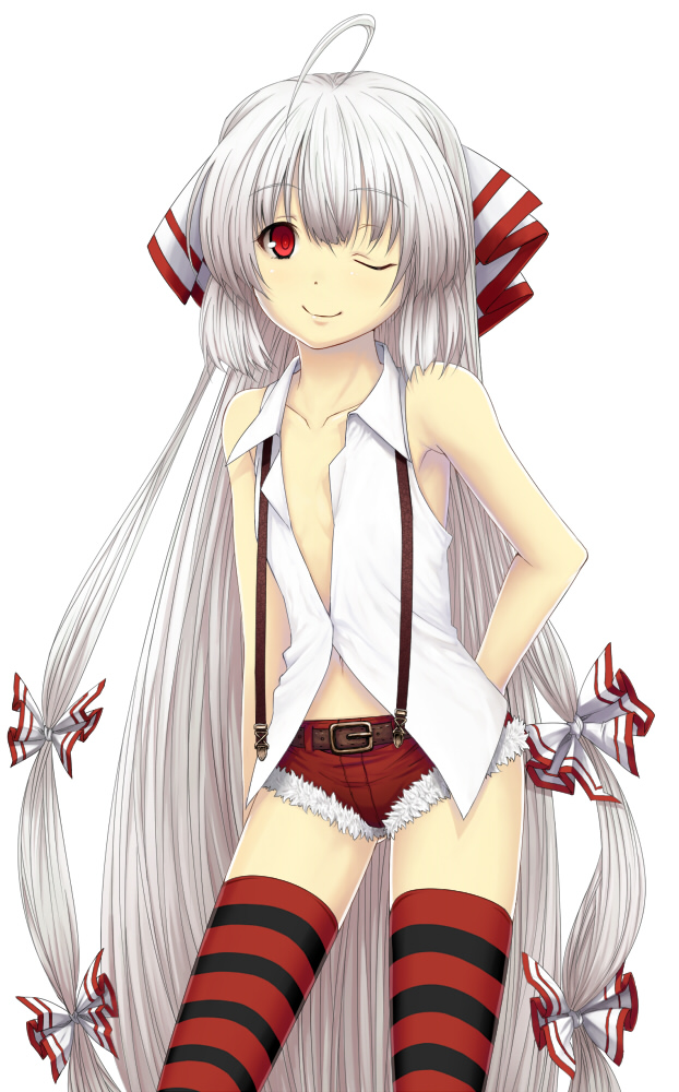 ahoge, bare_shoulders, flat_chest, fujiwara_no_mokou, hair_ribbon, hiroya, hiroya_juuren, long_hair, no_bra, red_eyes, ribbon, silver_hair, simple_background, smile, solo, striped, striped_legwear, striped_thighhighs, thighhighs, touhou, very_long_hair, wink