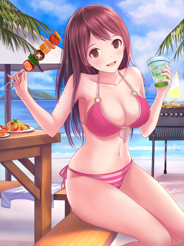 1girl, beach, bikini, brown_eyes, brown_hair, dorakyura, drink, grill
