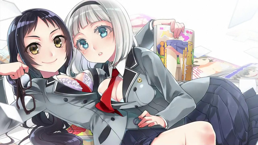 2girls, anna_nishikinomiya, bangs, black_hair, blazer, blue_eyes, blush, bra