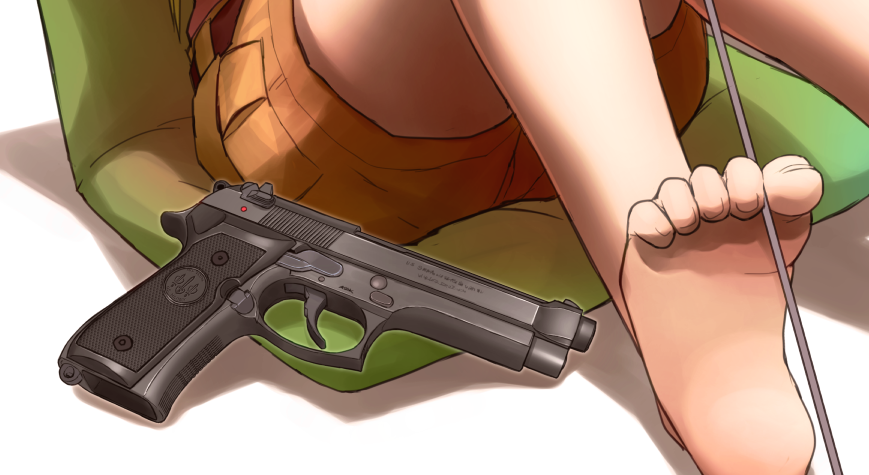 1girl, barefoot, beretta_m9, didloaded, feet, gun, handgun, original