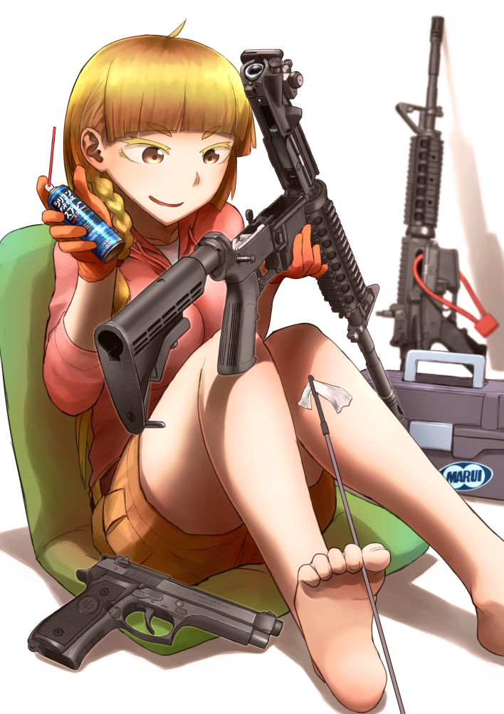 1girl, assault_rifle, barefoot, beretta_m9, blonde_hair, braid, brown_eyes, cleaning