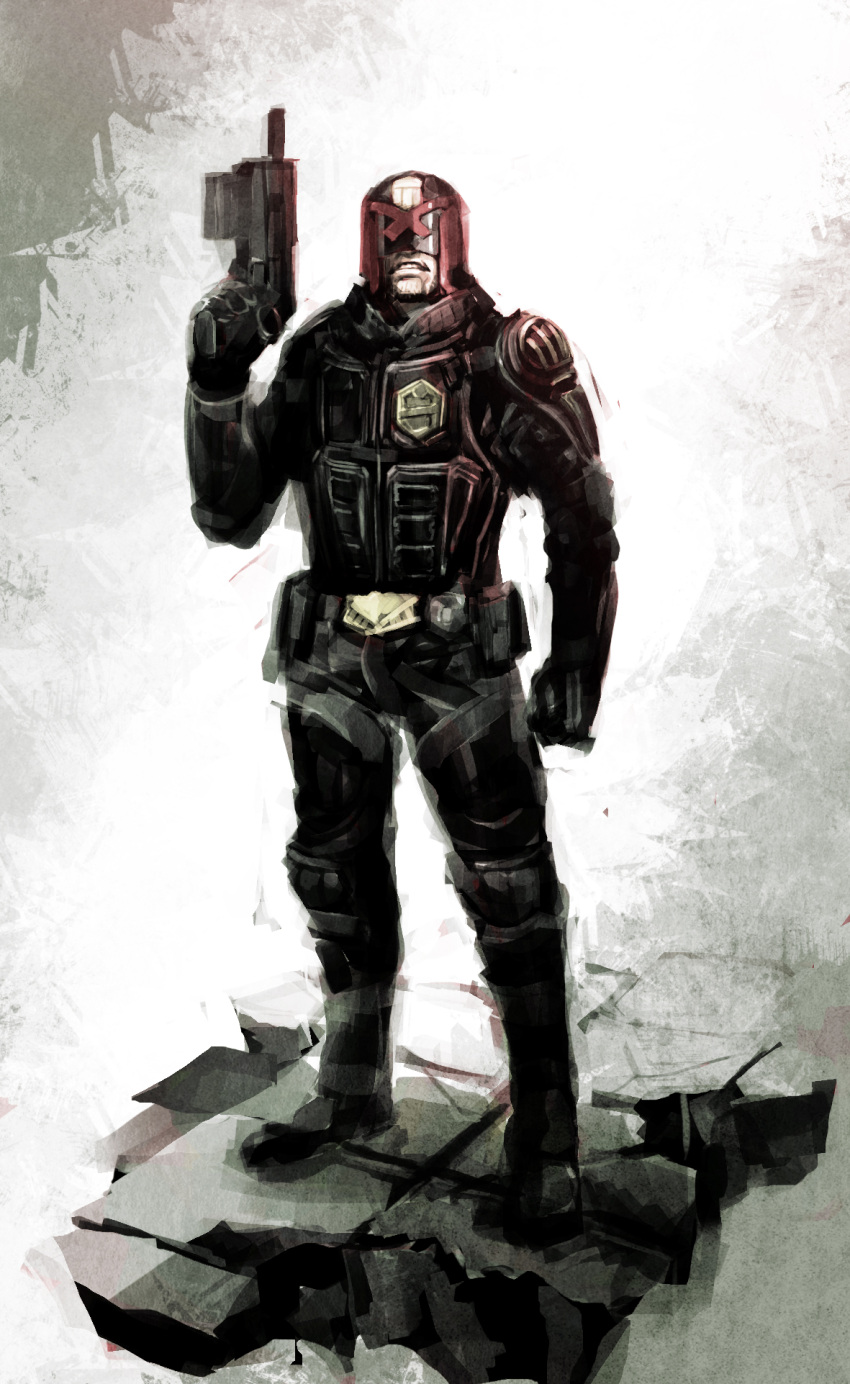 1boy, 2000_ad, armor, artist_request, boots, cyberpunk, damaged, dredd, floor, gloves, grin, gun, handgun, helmet, highres, judge_dredd, judge_dredd_(movie), lawgiver, realistic, science_fiction, smile, vest, weapon