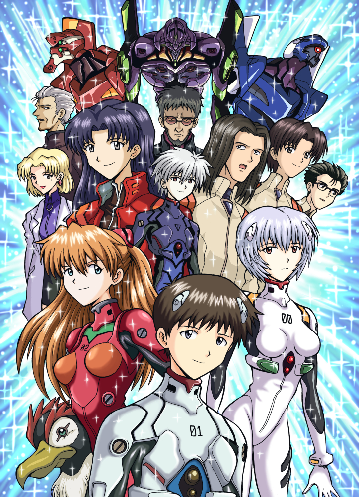 5girls, 6+boys, akagi_ritsuko, aoba_shigeru, ayanami_rei, beard, bird, blonde_hair