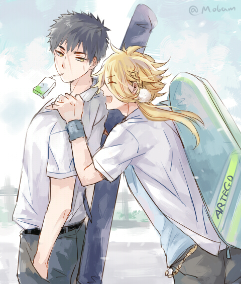 2boys, black_hair, blonde_hair, braid, closed_eyes, doudanuki_masakuni, eyes_visible_through_hair, fang