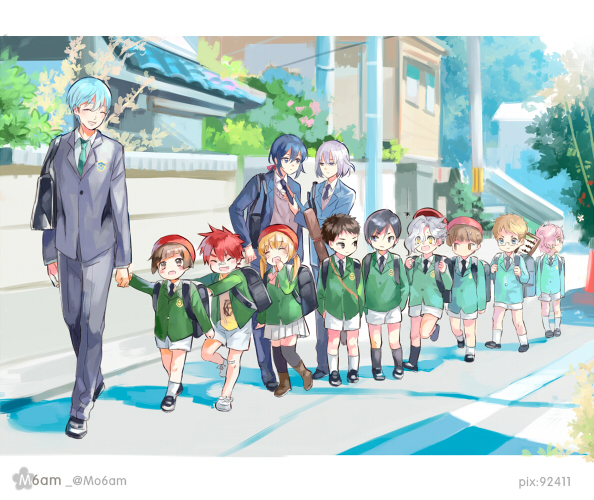 6+boys, adjusting_necktie, aizen_kunitoshi, akita_toushirou, atsushi_toushirou, black_hair, black_legwear, blonde_hair
