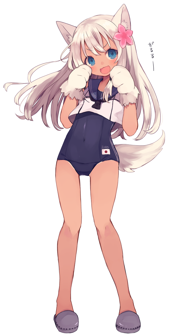 1girl, animal_ears, blonde_hair, blue_eyes, dog_ears, dog_paws, dog_tail, flower