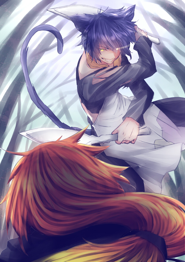 2boys, adlet_mayer, animal_ears, battle, blue_hair, cat_ears, from_behind, glowing