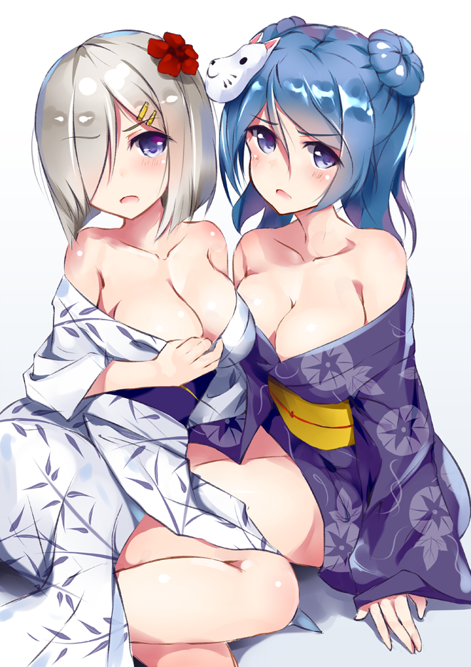 blue_eyes, blue_hair, breasts, cleavage, double_bun, flower, hair_flower, hair_ornament, hair_over_one_eye, hairclip, hamakaze_(kantai_collection), henet_hene, japanese_clothes, kantai_collection, kimono, mask, short_hair, silver_hair, urakaze_(kantai_collection), yukata