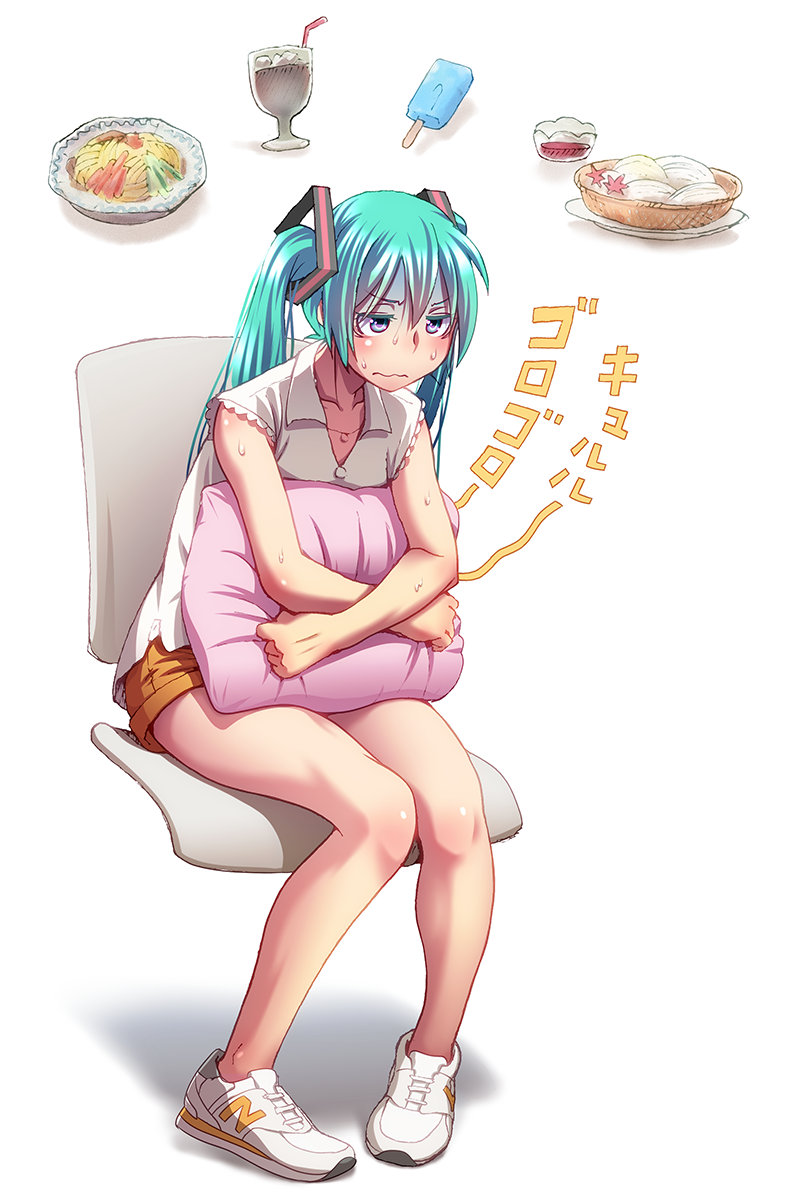 1girl, aqua_hair, blue_eyes, blush, chair, food, hatsune_miku, highres