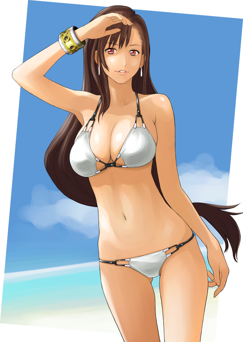 1girl, absurdres, arm_up, bangs, bare_arms, bare_shoulders, bikini, bracelet, breasts, brown_hair, cleavage, earrings, female, final_fantasy, final_fantasy_vii, hawk_(cwmg), highres, large_breasts, long_hair, looking_at_viewer, midriff, navel, solo, standing, swimsuit, tifa_lockhart, two-piece_swimsuit
