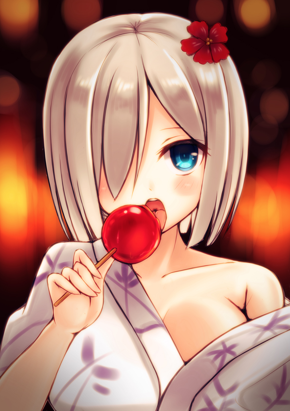 1girl, bare_shoulders, blue_eyes, blush, flower, hair_flower, hair_ornament, hair_over_one_eye