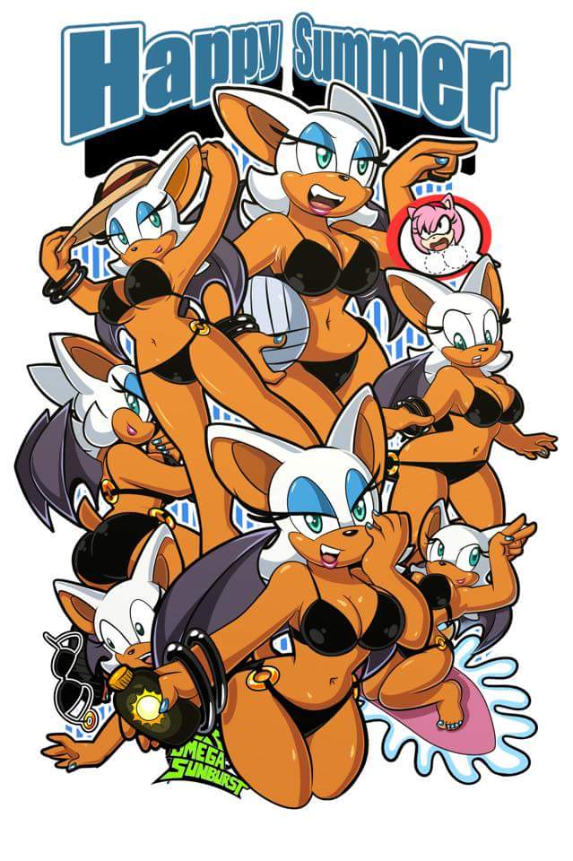 2girls, amy_rose, animal_ears, animal_nose, ass, bat_ears, bat_wings, beach, beachball, bikini, blue_eyes, bracelet, breasts, butt, dark-skinned_female, dark_skin, eyelashes, eyeshadow, fangs, female, green_eyes, hat, multiple_girls, nail_polish, rouge_the_bat, short_hair, simple_background, smile, sonic_(series), summer, surfboard, water, white_background, white_fur, white_hair, wings