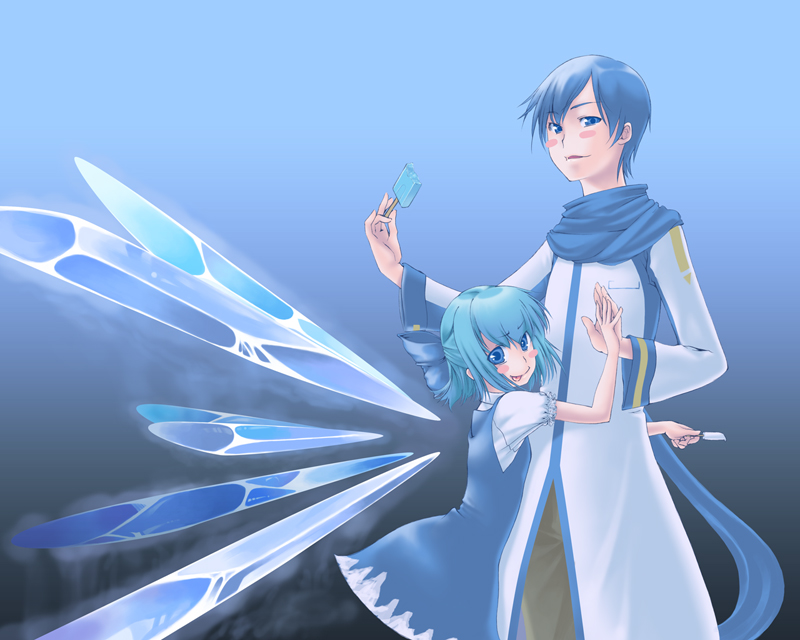 blue_eyes, blue_hair, blush_stickers, bow, cirno, crossover, hair_ribbon, kaito, murakumon, popsicle, ribbon, scarf, short_hair, tongue, touhou, vocaloid, wings