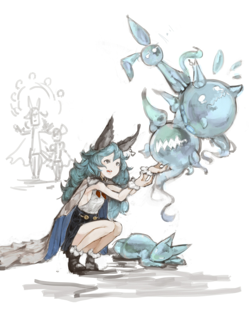1girl, animal_ears, black_eyes, blue_hair, drunk_(granblue_fantasy), ferri_(granblue_fantasy), fox, fox_ears