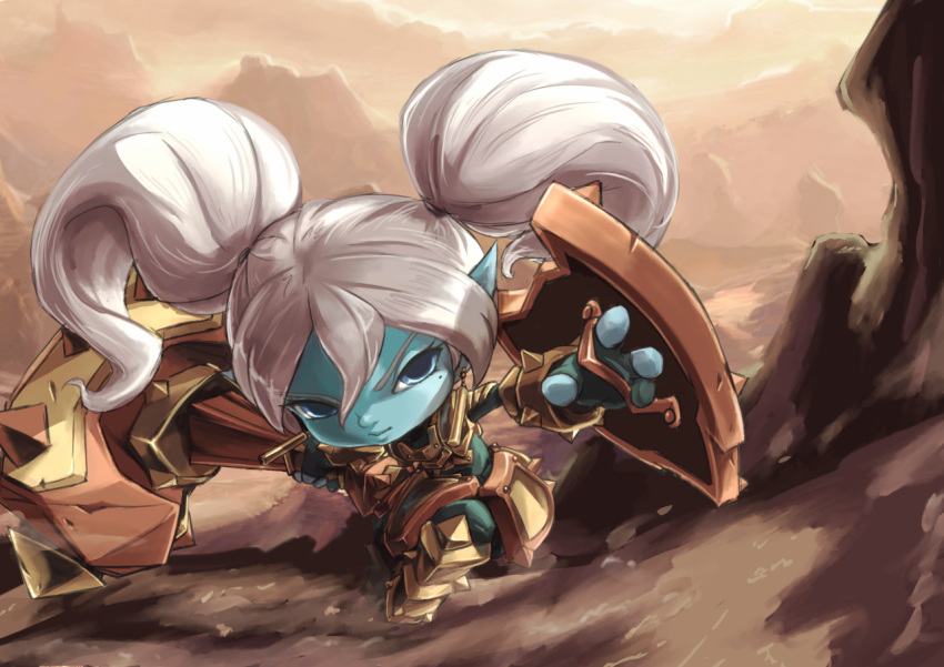 1girl, armor, blue_skin, league_of_legends, long_hair, pointy_ears, poppy, shield