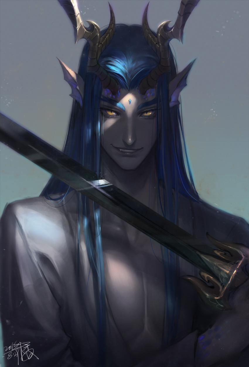 1boy, bare_chest, blue_hair, character_request, fan_ju, fang, forehead_jewel, grin