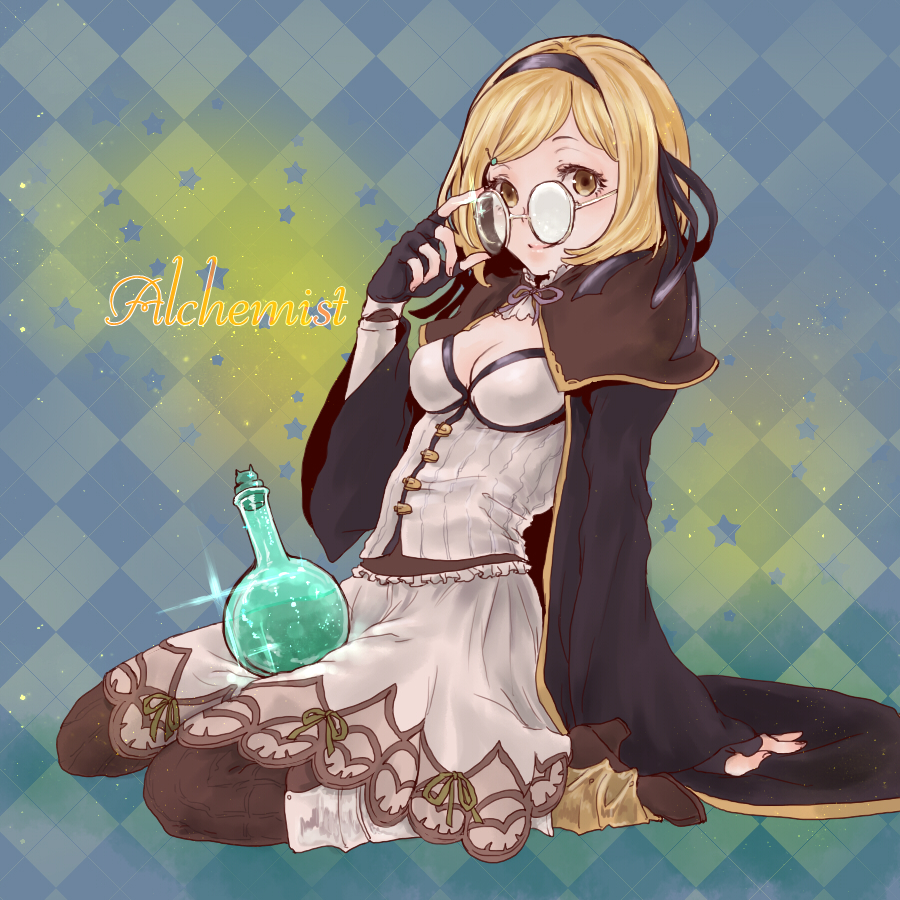 1girl, alchemist_(granblue_fantasy), beaker, black_gloves, black_legwear, blonde_hair, breasts, capelet