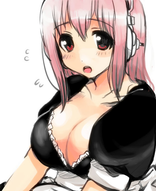 1girl, alternate_costume, apron, blush, breasts, cleavage, enmaided, flying_sweatdrops