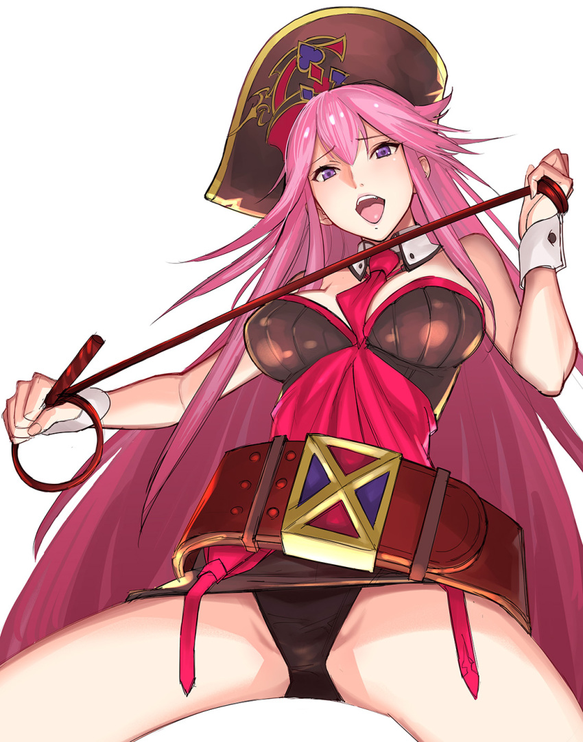 1girl, :d, black_panties, breasts, christina_(granblue_fantasy), cleavage, granblue_fantasy, hat, highres, long_hair, open_mouth, panties, pantyshot, pantyshot_(sitting), pink_hair, simple_background, sitting, smile, solo, teeth, tetsu_(kimuchi), tongue, underwear, violet_eyes, whip, white_background