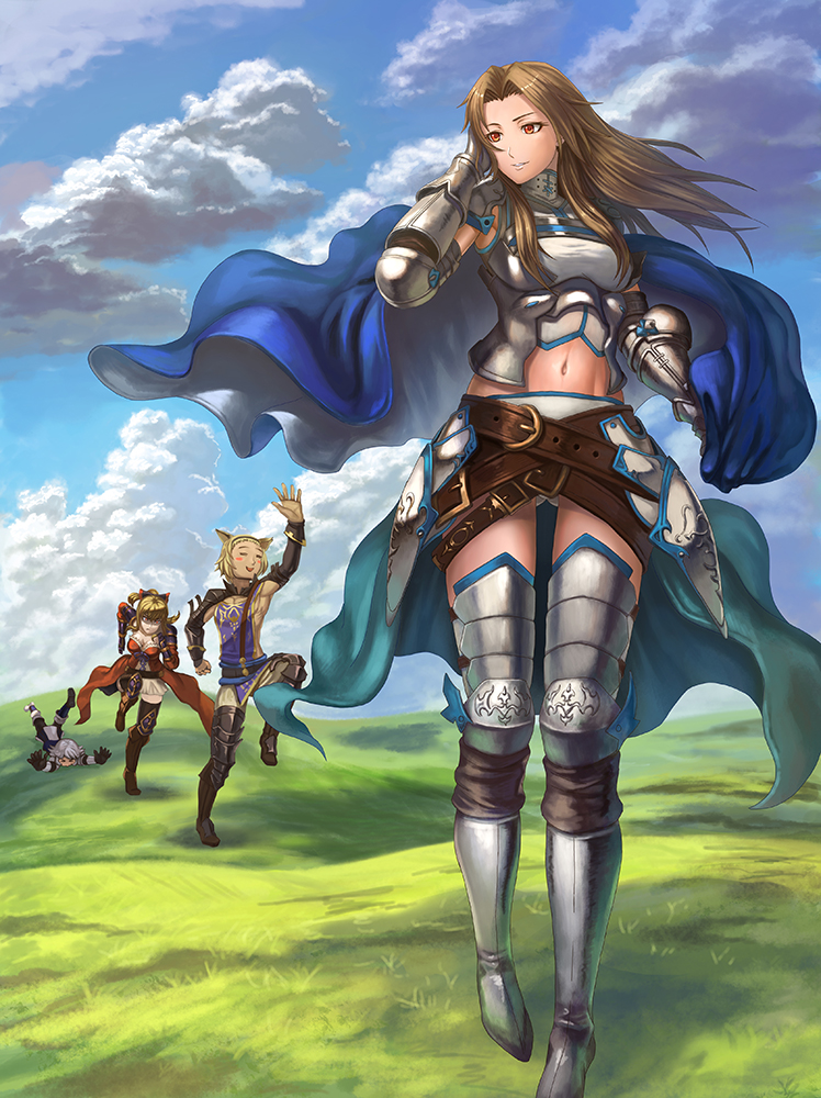 >_<, 1boy, 3girls, :d, =_=, angry, armor, armored_boots