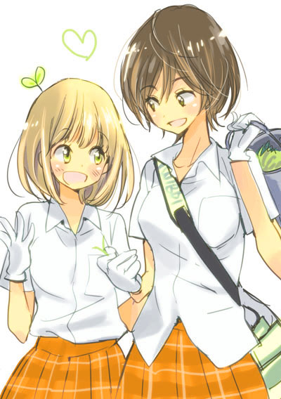 2girls, :d, bag, blonde_hair, blush, bob_cut, brown_hair, bucket
