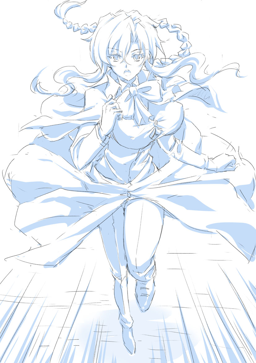 1girl, :o, bowtie, braid, full_body, hair_between_eyes, long_coat, long_hair