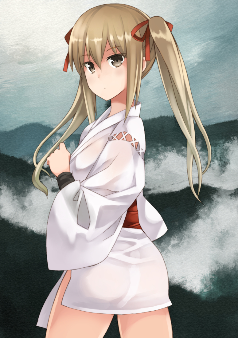 1girl, akemiho_tabi_nikki, blush, brown_eyes, brown_hair, detached_sleeves, hair_ribbon, japanese_clothes, kimono, kouno_hikaru, long_hair, looking_at_viewer, no_glasses, obi, original, ribbon, sash, short_kimono, solo, togakushi_tsukiho, twintails