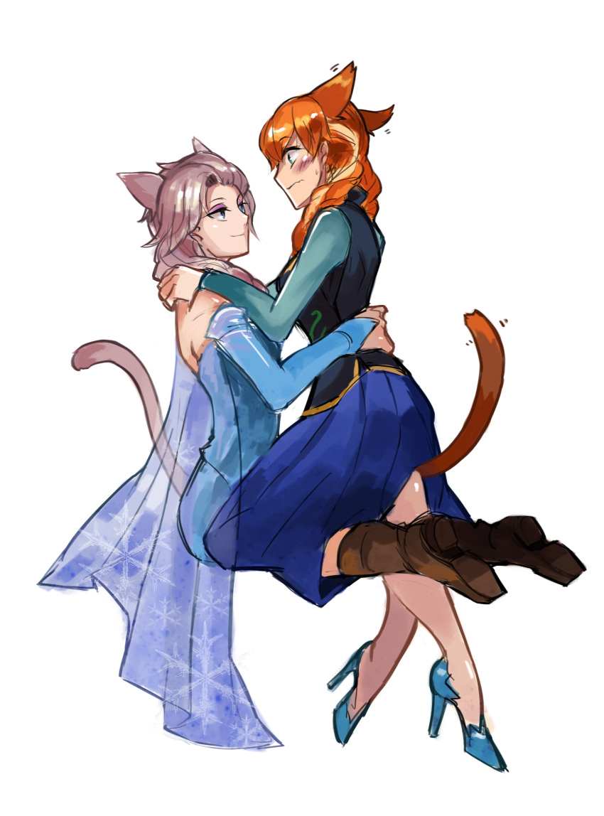 2girls, absurdres, animal_ears, anna_(frozen), blonde_hair, blush, cat_ears, cat_tail