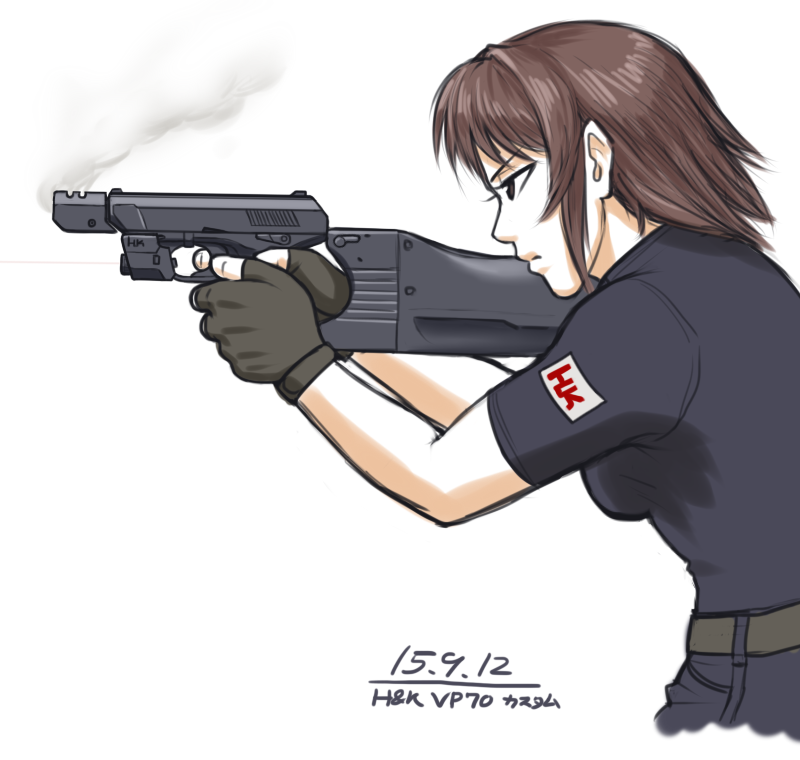 1girl, aiming, black_gloves, breasts, brown_eyes, brown_hair, dated, from_side