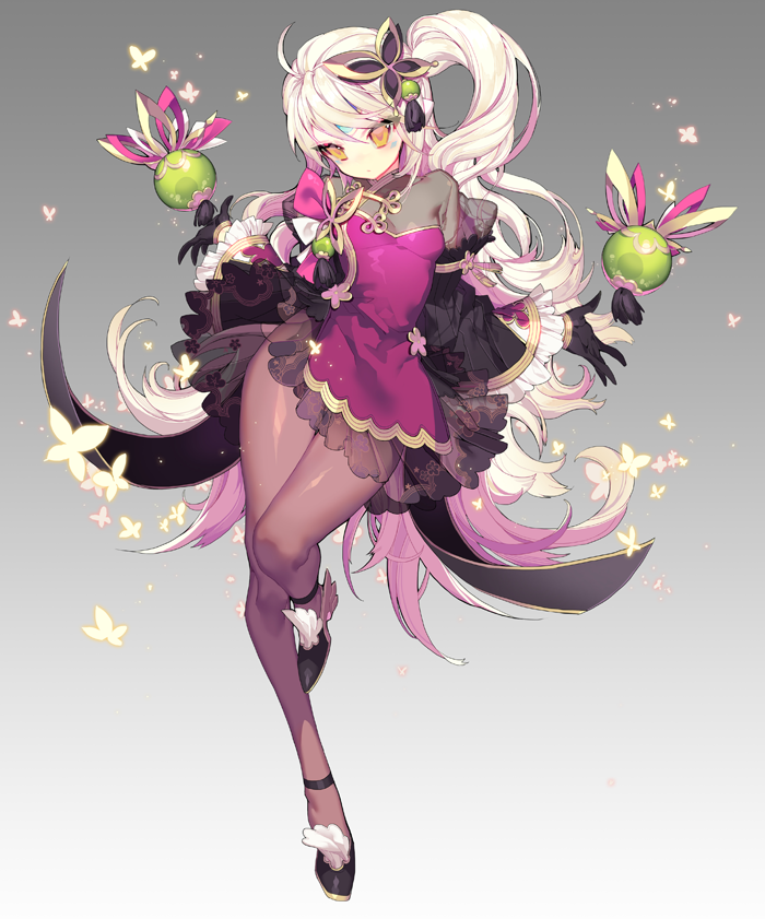 1girl, black_gloves, black_shoes, brown_legwear, butterfly, butterfly_hair_ornament, elsword, eve_(elsword)