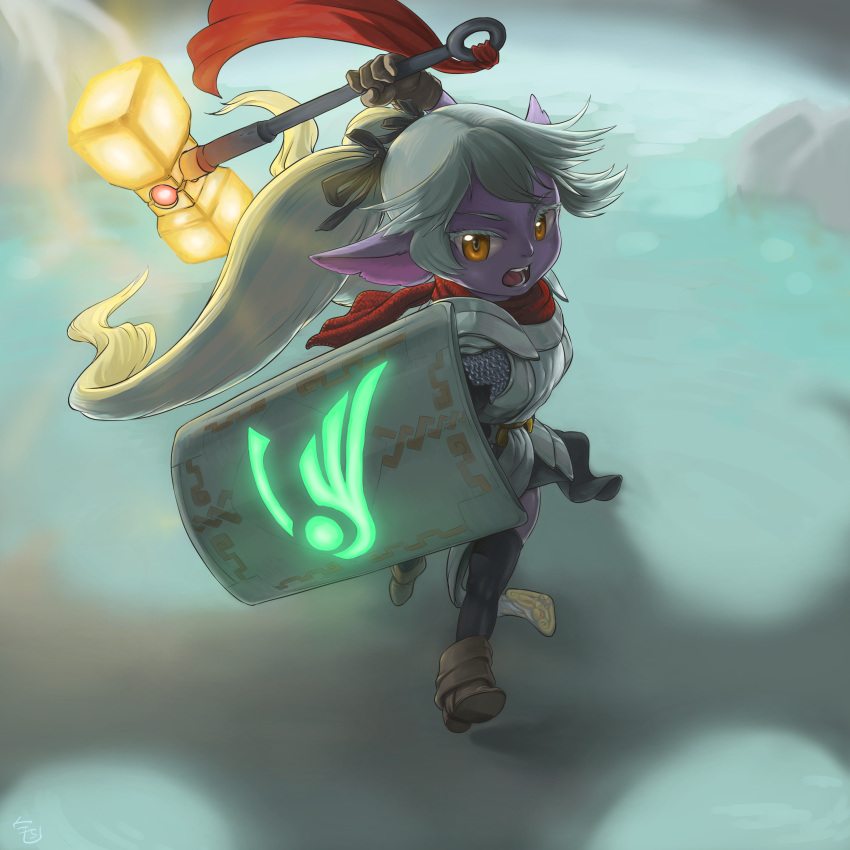 1girl, absurdres, chainmail, chestplate, glowing, glowing_shield, glowing_weapon, hammer