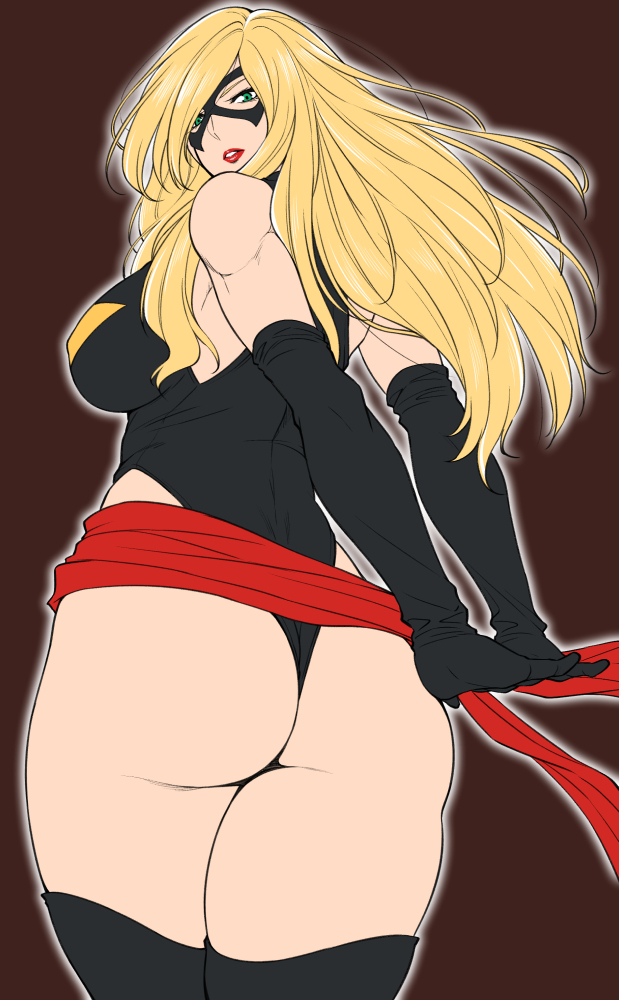 1girl, ass, bare_shoulders, black_gloves, blonde_hair, breasts, brown_background, carol_danvers
