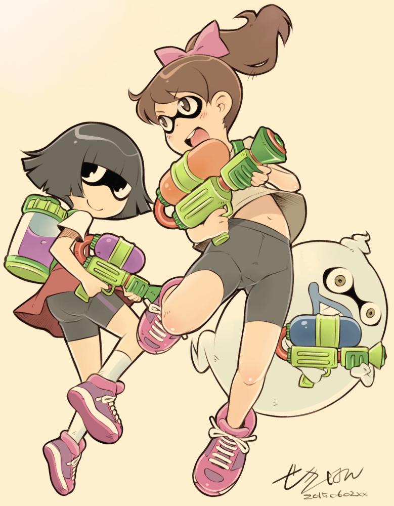 2girls, artist_name, bangs, bike_shorts, black_eyes, black_hair, blue_lips, blush