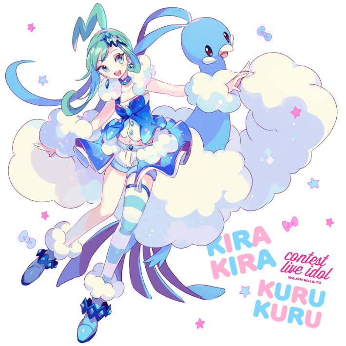 1girl, altaria, aqua_eyes, aqua_hair, detached_sleeves, hair_ornament, lucia_(pokemon), pokemon