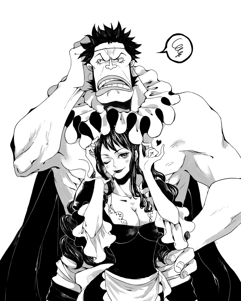 1boy, 1girl, baby_5, black_hair, cape, cigarette, long_hair, monochrome, one_piece, sai_(one_piece), short_hair, shredders, smoke, smoking