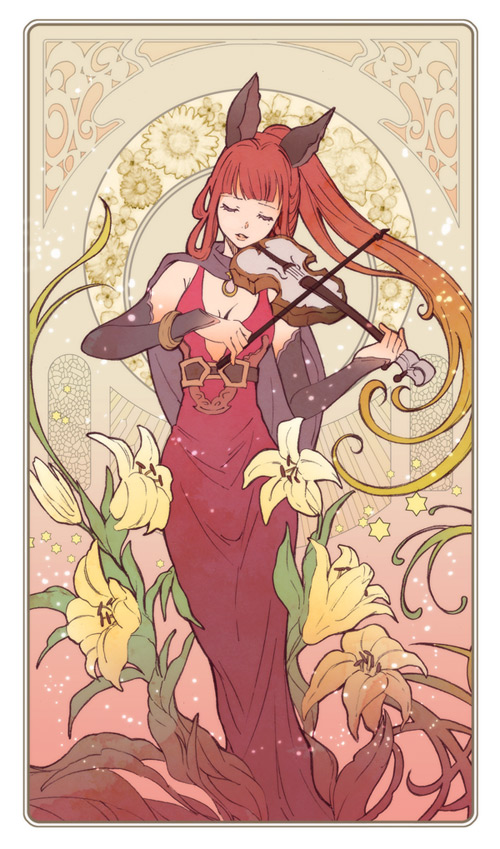 1girl, animal_ears, art_nouveau, bangs, blunt_bangs, breasts, bridal_gauntlets, cape, cat_ears, cleavage, dress, flower, gb_hm, granblue_fantasy, holding, instrument, leaf, light_particles, lily_(flower), lips, long_hair, mole, mole_under_eye, open_mouth, playing_instrument, ponytail, red_dress, redhead, selfira, solo, standing, violin