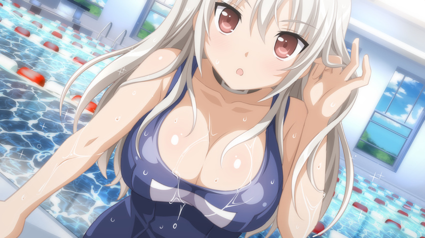 1girl, blush, breasts, cleavage, clouds, collarbone, dutch_angle, game_cg