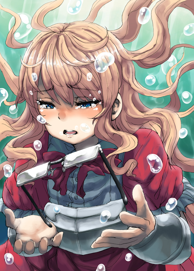 1girl, armor, blonde_hair, blue_eyes, bubble, crying, crying_with_eyes_open, floating_hair