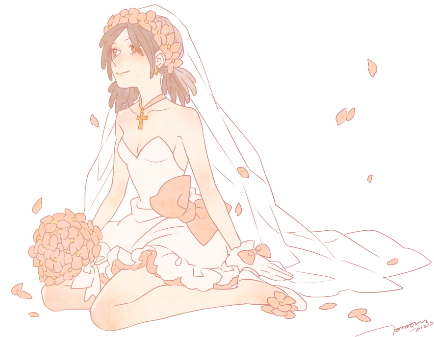 1girl, bouquet, bridal_veil, brown_eyes, brown_hair, dark_skin, dress, flower