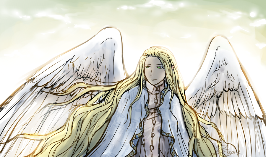 1boy, blonde_hair, em_(oviot), feathered_wings, fire_emblem, fire_emblem:_akatsuki_no_megami, green_eyes, long_hair, oviot, pointy_ears, rafiel, solo, wings