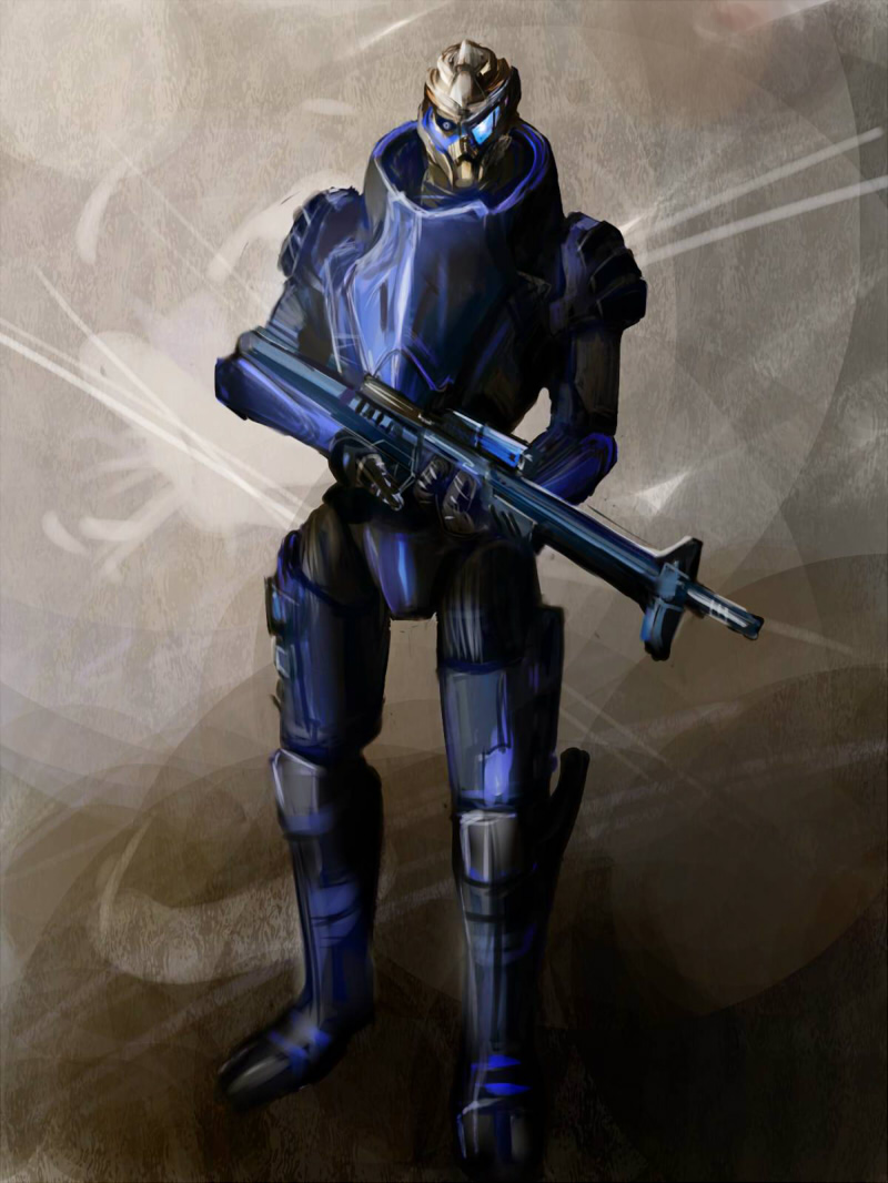 1boy, alien, black_sclera, blue_eyes, full_body, garrus_vakarian, gun, mass_effect