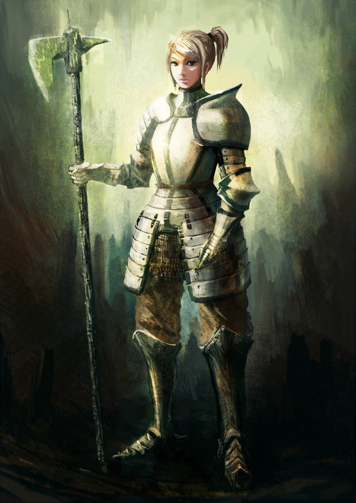 androgynous, armor, blonde_hair, elbow_pads, faulds, full_armor, gauntlets, greaves, halberd, no_headwear, no_helmet, original, pauldrons, planted_weapon, plate_armor, polearm, short_ponytail, solo, tamaishi, weapon
